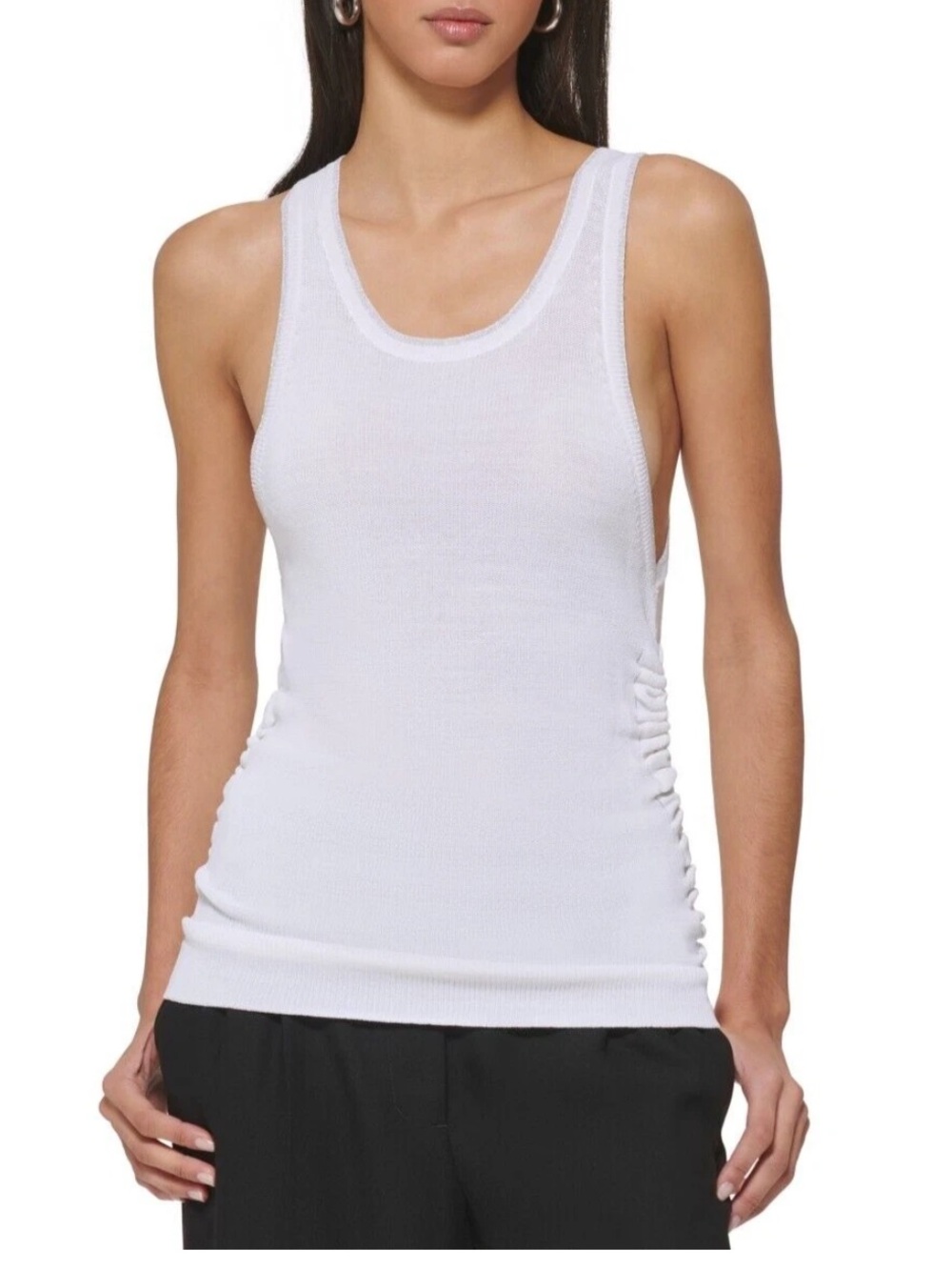DKNY white racerback knit silver trim ruched tank top shirt